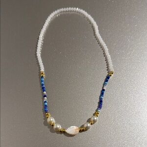 Chic Blue and White Beaded Necklace with Gold Accents